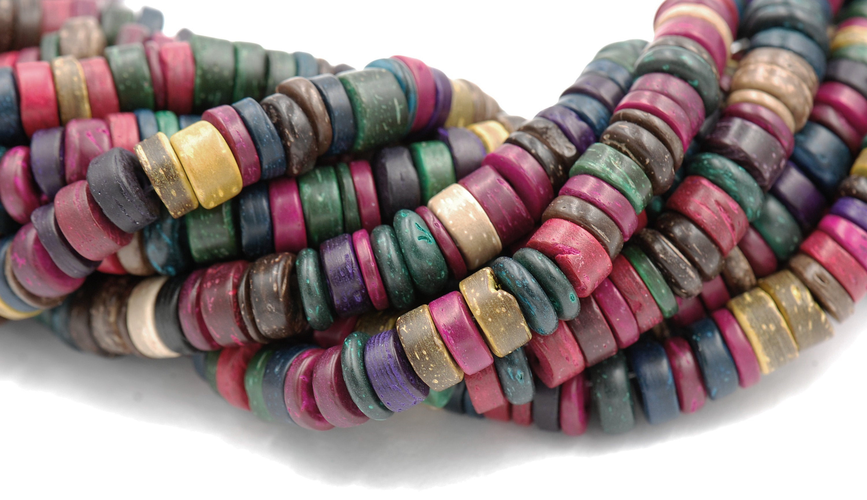 Brown Coconut Shell Rondelle multi-color 9mm -15.5 inch strand