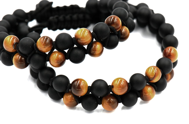 Matte Black Onyx and Tiger Eye 8mm Double Layer Wrap Beaded Bracelet Hover Image