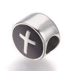 304 Stainless Steel European Beads, with Enamel, Large Hole Beads, Flat Round with Cross, Antique Silver 11x8mm -1pc