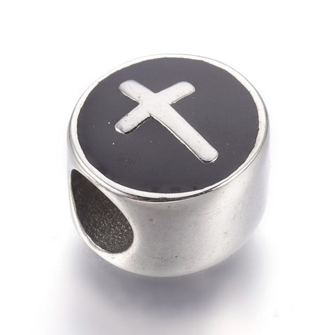 304 Stainless Steel European Beads, with Enamel, Large Hole Beads, Flat Round with Cross, Antique Silver 11x8mm -1pc