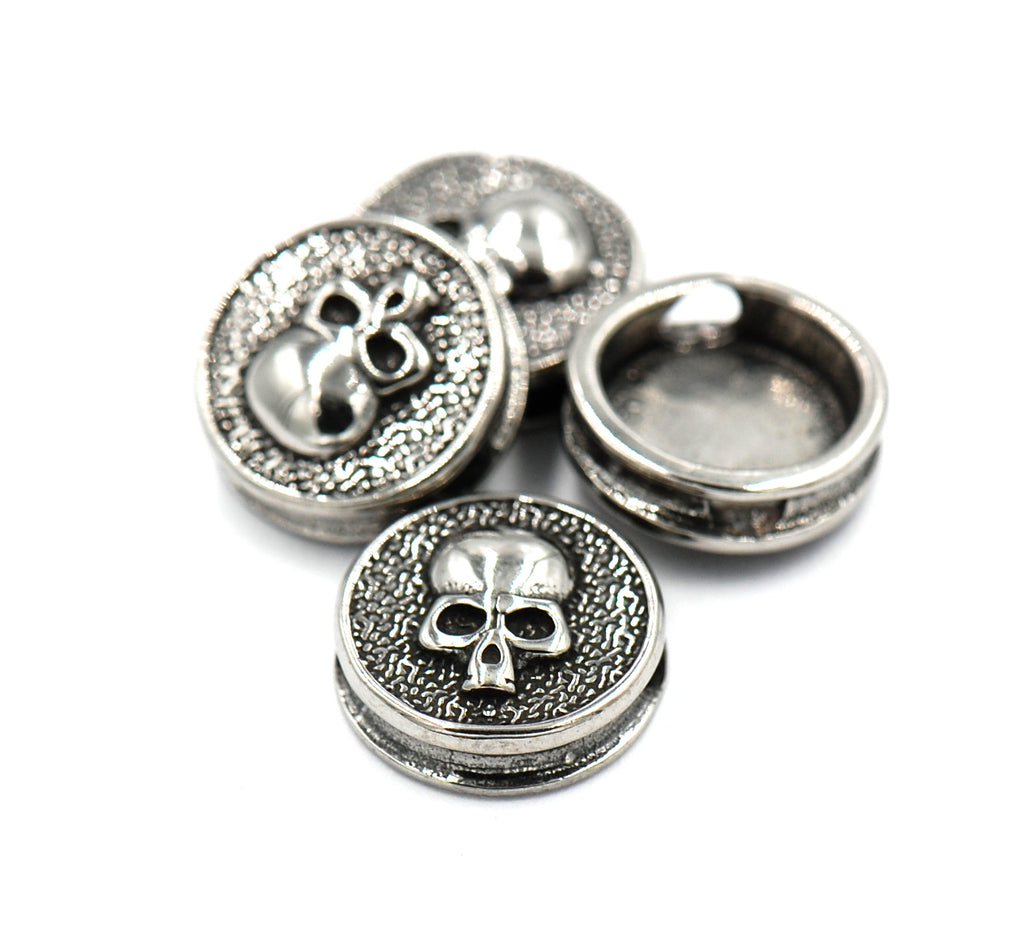 304 Stainless Steel Beads, Flat Round with Skull, Antique Silver -1pc