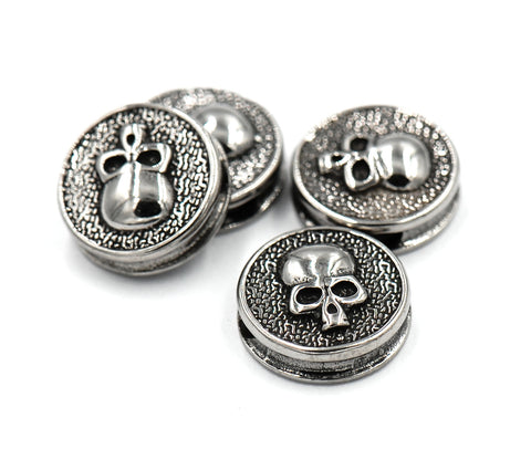 304 Stainless Steel Beads, Flat Round with Skull, Antique Silver -1pc