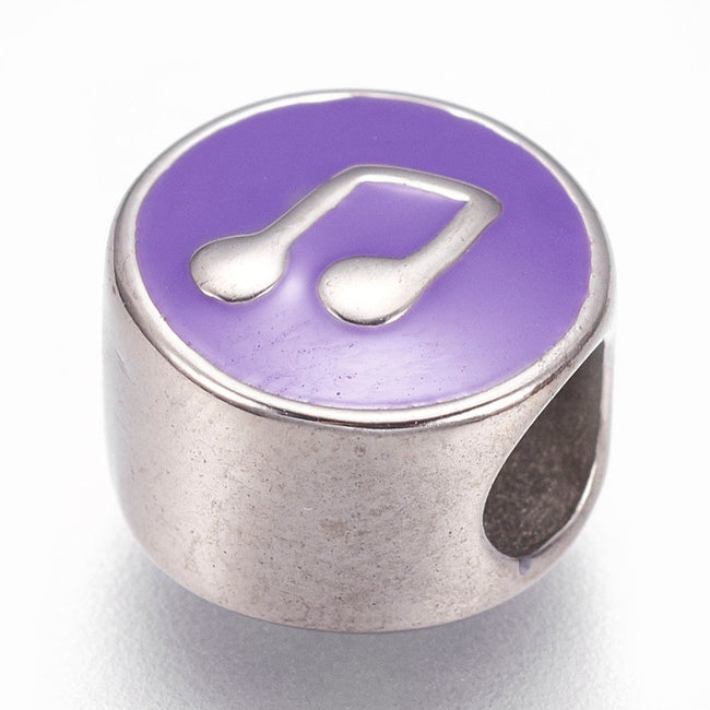 304 Stainless Steel European Beads, with Enamel, 11mm Large Hole Beads, Flat Round with Musical Note, Purple -1pc Main Image