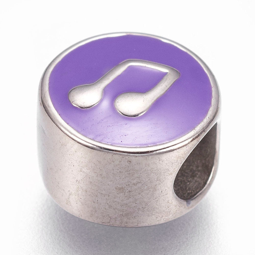 304 Stainless Steel European Beads, with Enamel, 11mm Large Hole Beads, Flat Round with Musical Note, Purple -1pc