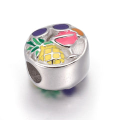 304 Stainless Steel European Beads, Enamel, Large Hole Beads, Flat Round with Glasses & Drink  Pineapple -1pc
