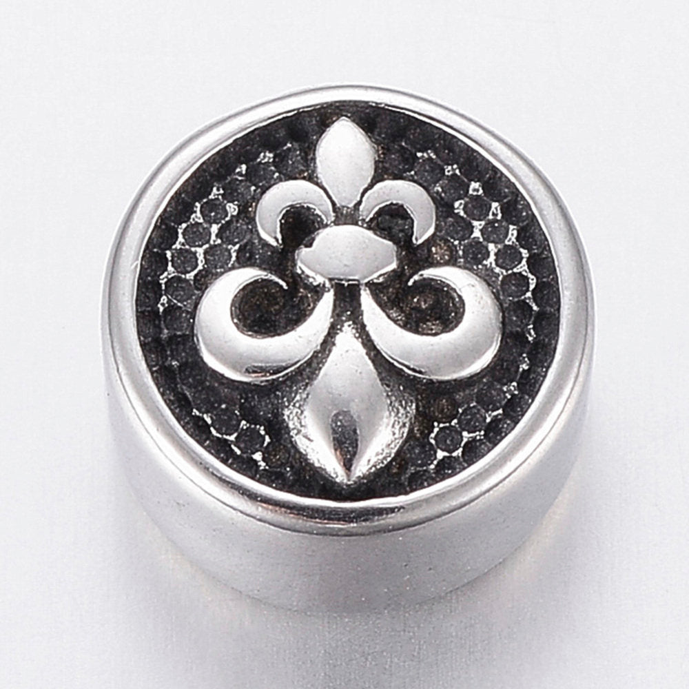 304 Stainless Steel Beads, Flat Round with Fleur De Lis, Antique Silver, 10x6mm -1pc