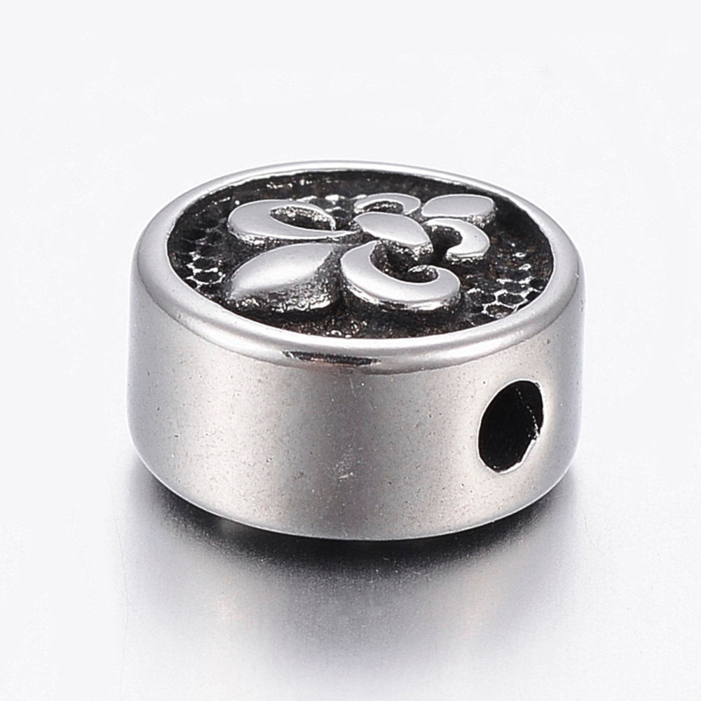 304 Stainless Steel Beads, Flat Round with Fleur De Lis, Antique Silver, 10x6mm -1pc
