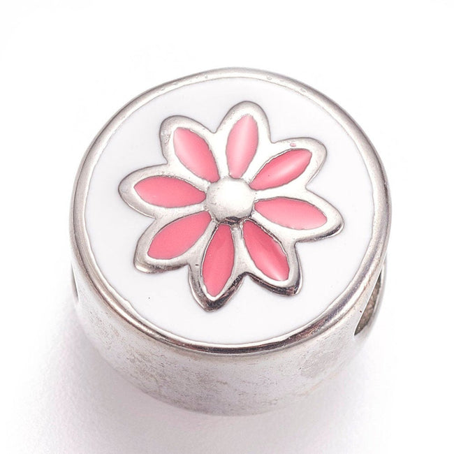 304 Stainless Steel European Beads, with Enamel, Large Hole Beads, 11mm Flat Round with Flower, Pink -1pc Hover Image
