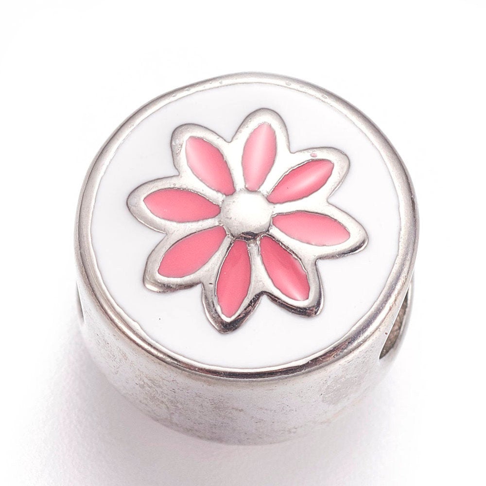 304 Stainless Steel European Beads, with Enamel, Large Hole Beads, 11mm Flat Round with Flower, Pink -1pc