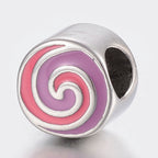 304 Stainless Steel European Enamel Beads, Large Hole Beads, Flat Round with Vortex -1pc