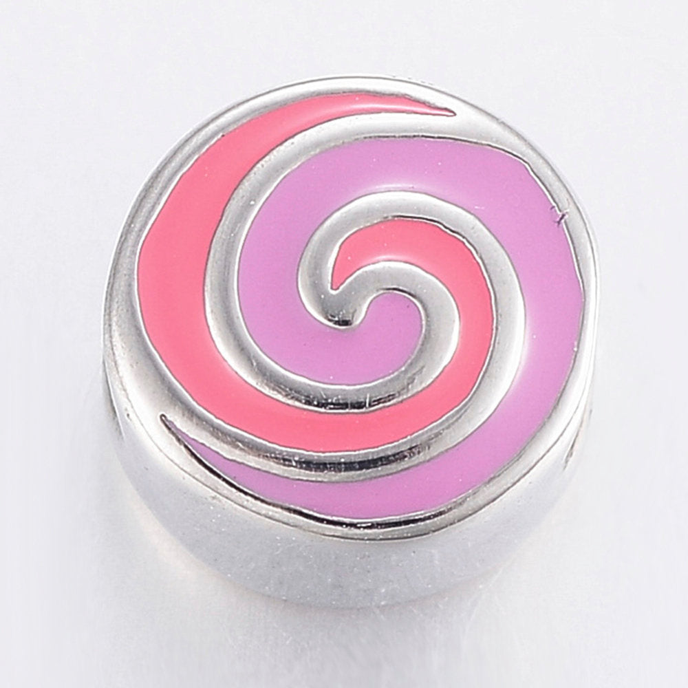 304 Stainless Steel European Enamel Beads, Large Hole Beads, Flat Round with Vortex -1pc