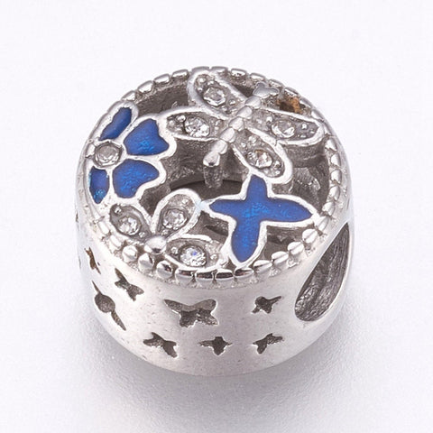 304 Stainless Steel European Beads, 12mm Large Hole Beads, with Rhinestone and Enamel, Blue Flat Round with Butterfly -1pc