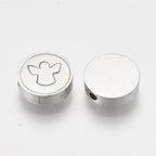 304 Stainless Steel Beads, with Shell, 10mm Flat Round with Angel, Stainless Steel Color,  -2pc