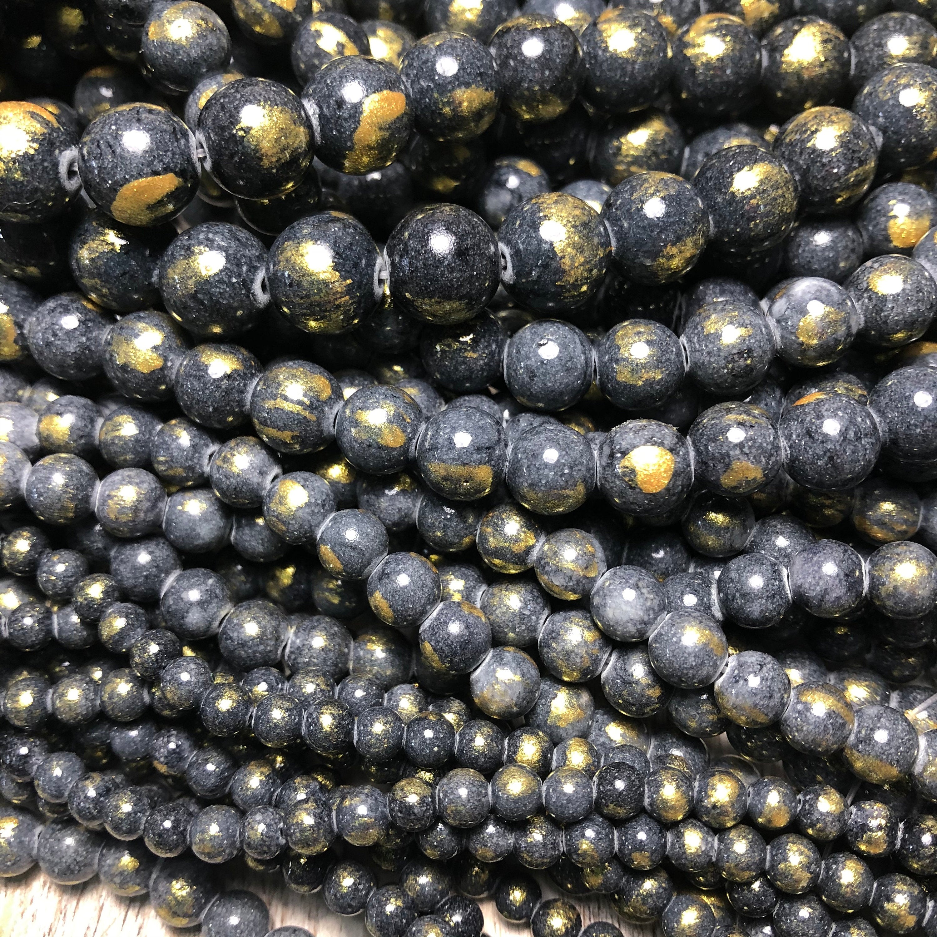 Denim Blue Gold Dust Jade 4mm, 6mm, 8mm, 10mm, 12mm Round Beads -15 inch strand