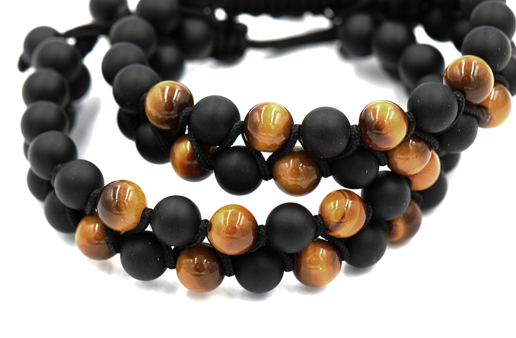 Matte Black Onyx and Tiger Eye 8mm Double Layer Wrap Beaded Bracelet