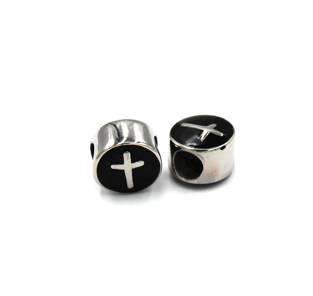 304 Stainless Steel European Beads, with Enamel, Large Hole Beads, Flat Round with Cross, Antique Silver 11x8mm -1pc