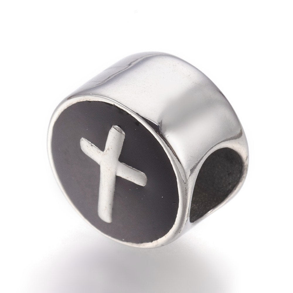 304 Stainless Steel European Beads, with Enamel, Large Hole Beads, Flat Round with Cross, Antique Silver 11x8mm -1pc