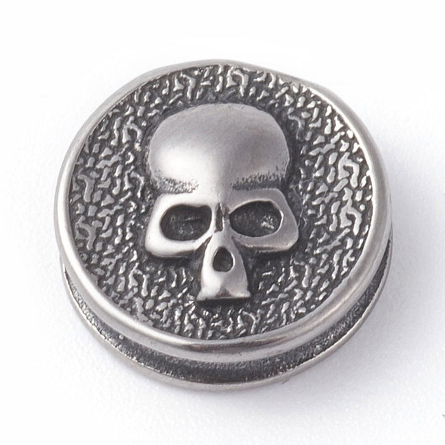 304 Stainless Steel Beads, Flat Round with Skull, Antique Silver -1pc Hover Image
