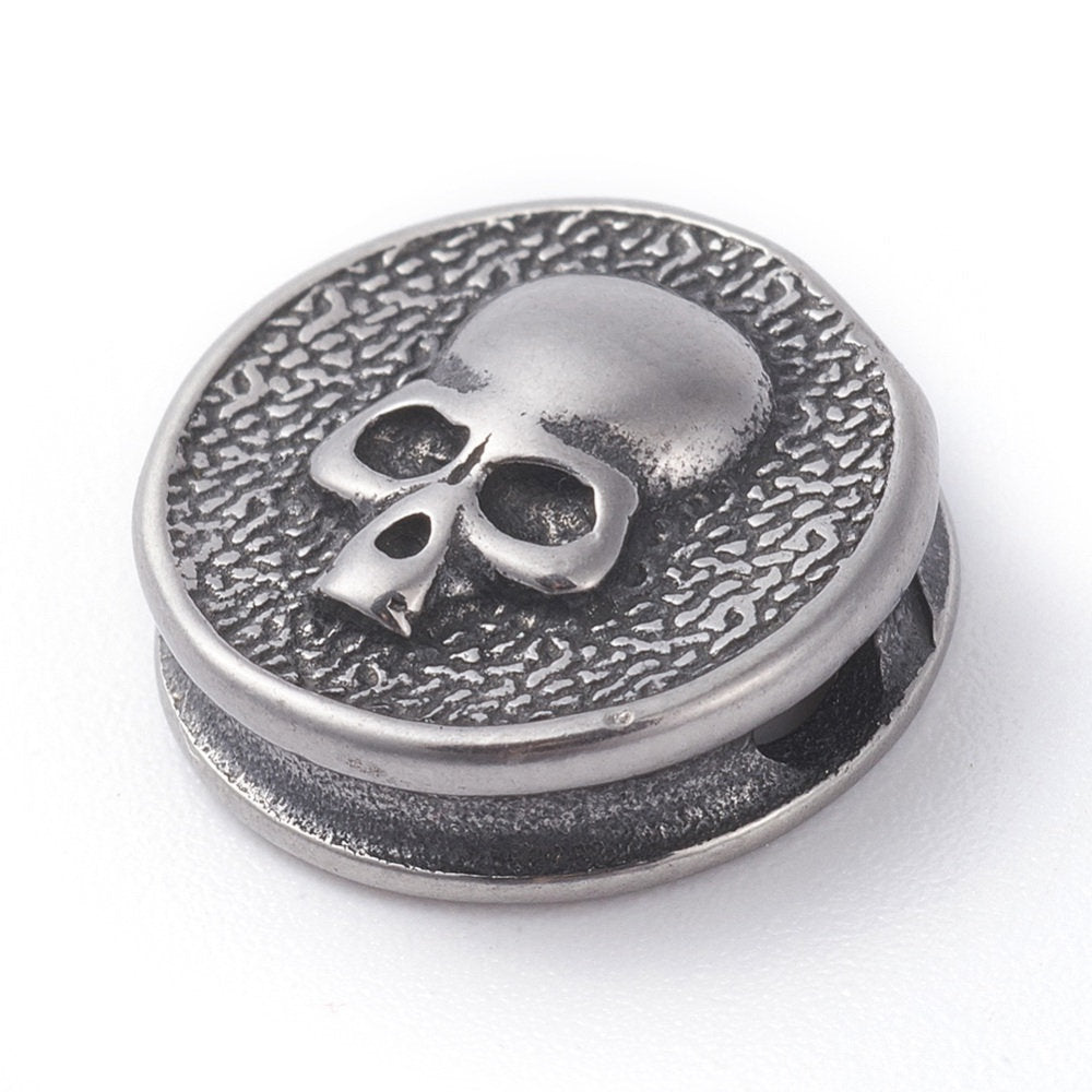 304 Stainless Steel Beads, Flat Round with Skull, Antique Silver -1pc