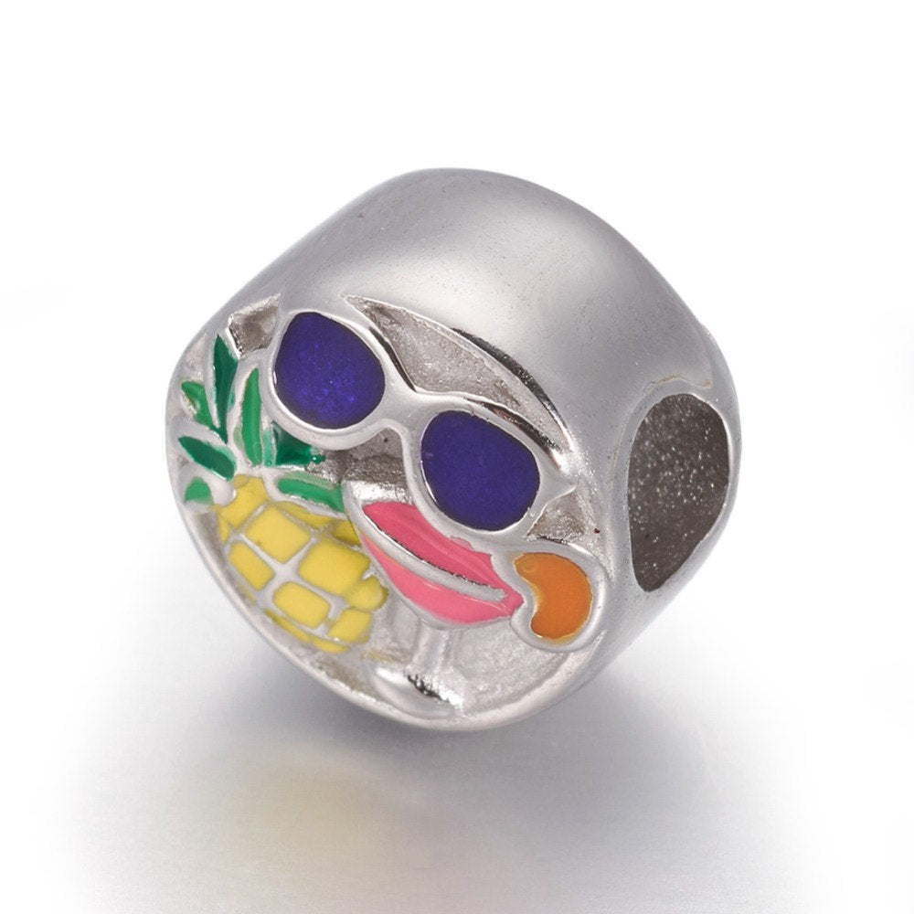 304 Stainless Steel European Beads, Enamel, Large Hole Beads, Flat Round with Glasses & Drink  Pineapple -1pc