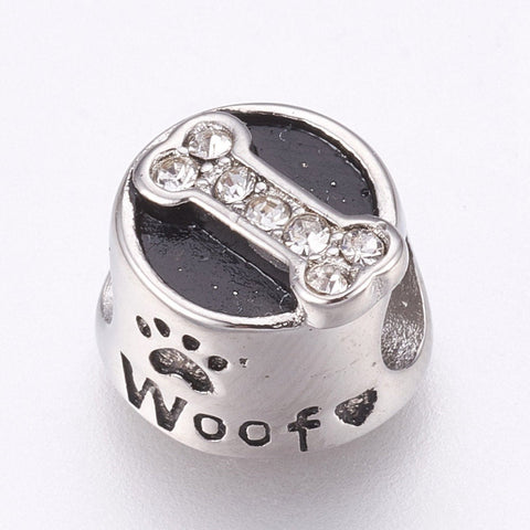 304 Stainless Steel European Beads, 10m Large Hole Beads, with Rhinestone,Dog bowl with Bone, Antique Silver,  -1pc