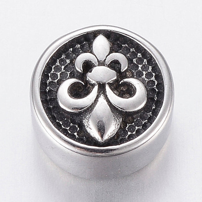 304 Stainless Steel Beads, Flat Round with Fleur De Lis, Antique Silver, 10x6mm -1pc Hover Image