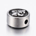 304 Stainless Steel Beads, Flat Round with Fleur De Lis, Antique Silver, 10x6mm -1pc
