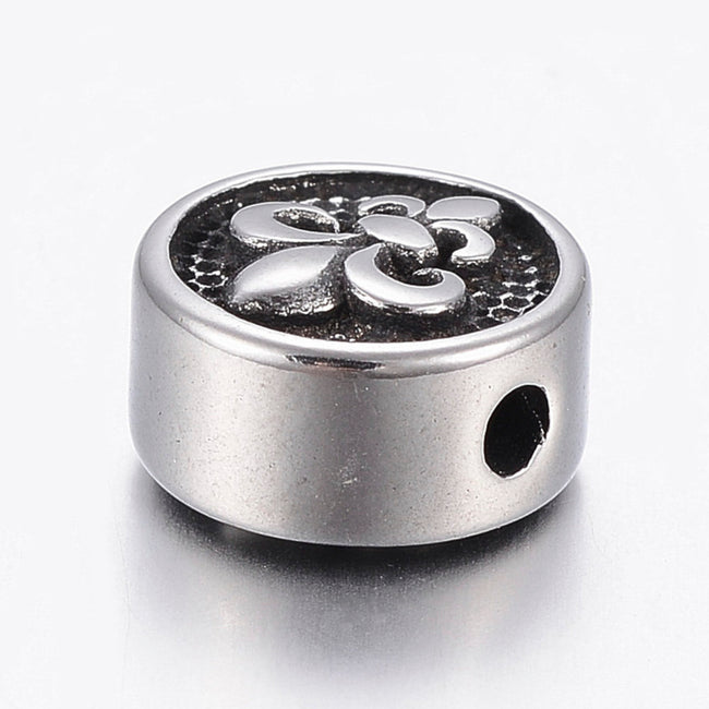 304 Stainless Steel Beads, Flat Round with Fleur De Lis, Antique Silver, 10x6mm -1pc Main Image