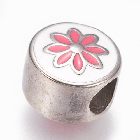 304 Stainless Steel European Beads, with Enamel, Large Hole Beads, 11mm Flat Round with Flower, Pink -1pc