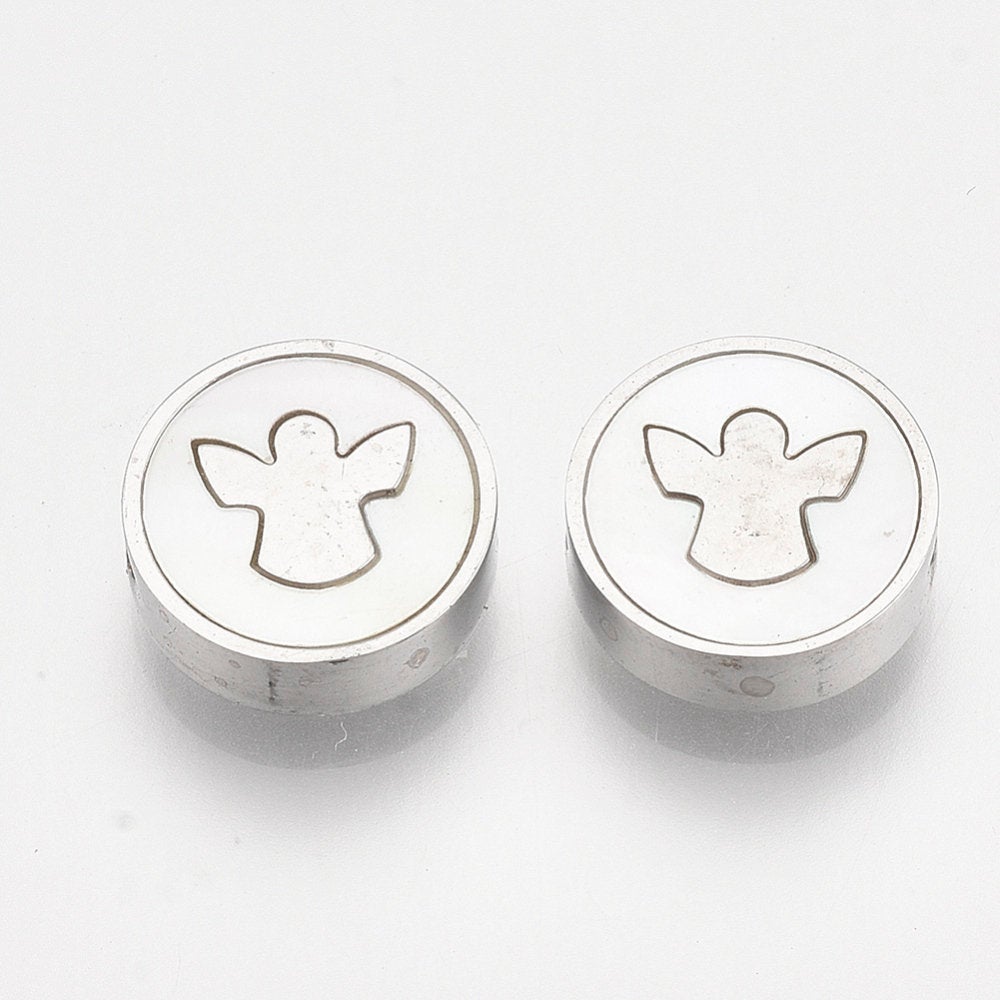 304 Stainless Steel Beads, with Shell, 10mm Flat Round with Angel, Stainless Steel Color,  -2pc