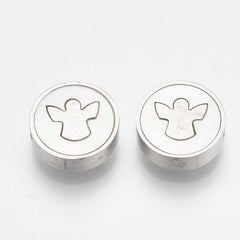 304 Stainless Steel Beads, with Shell, 10mm Flat Round with Angel, Stainless Steel Color,  -2pc