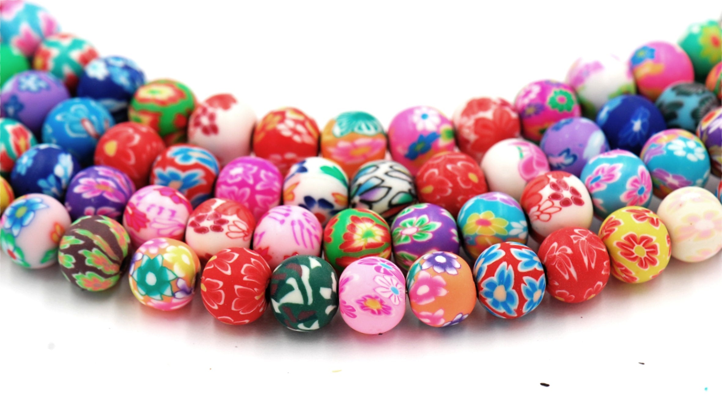 Round Handmade Polymer Clay Print Beads, Bright Assorted Color, 8mm 10mm FULL STRAND