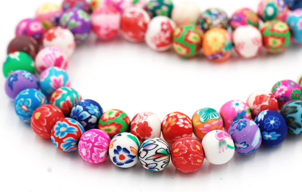 Round Handmade Polymer Clay Print Beads, Bright Assorted Color, 8mm 10mm FULL STRAND