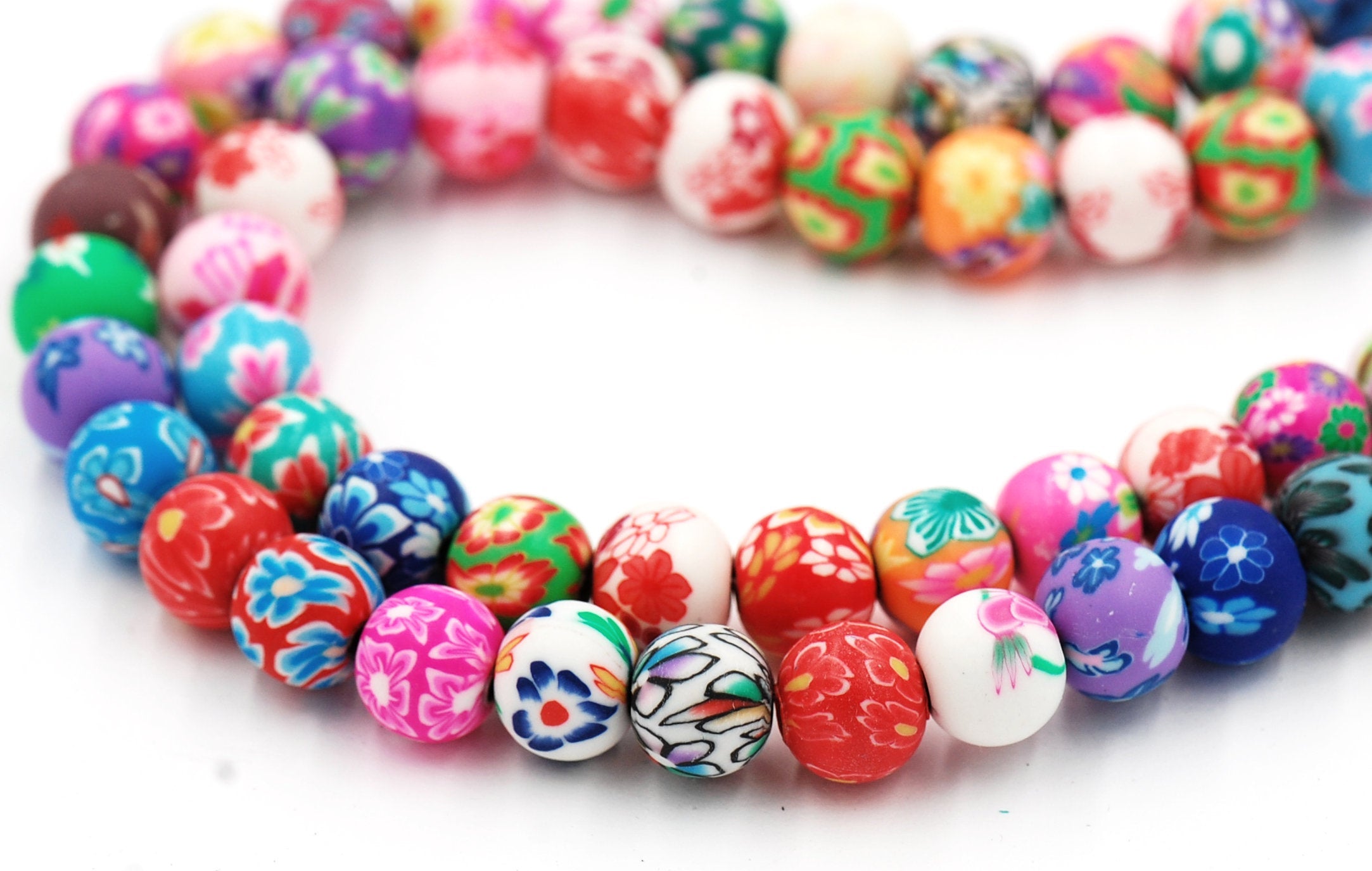 Round Handmade Polymer Clay Print Beads, Bright Assorted Color, 8mm 10mm FULL STRAND