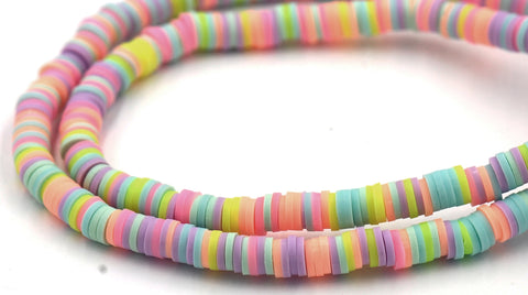 Flat Round Handmade Polymer Clay Bead Spacers, Pastel Assorted Color, FULL STRAND