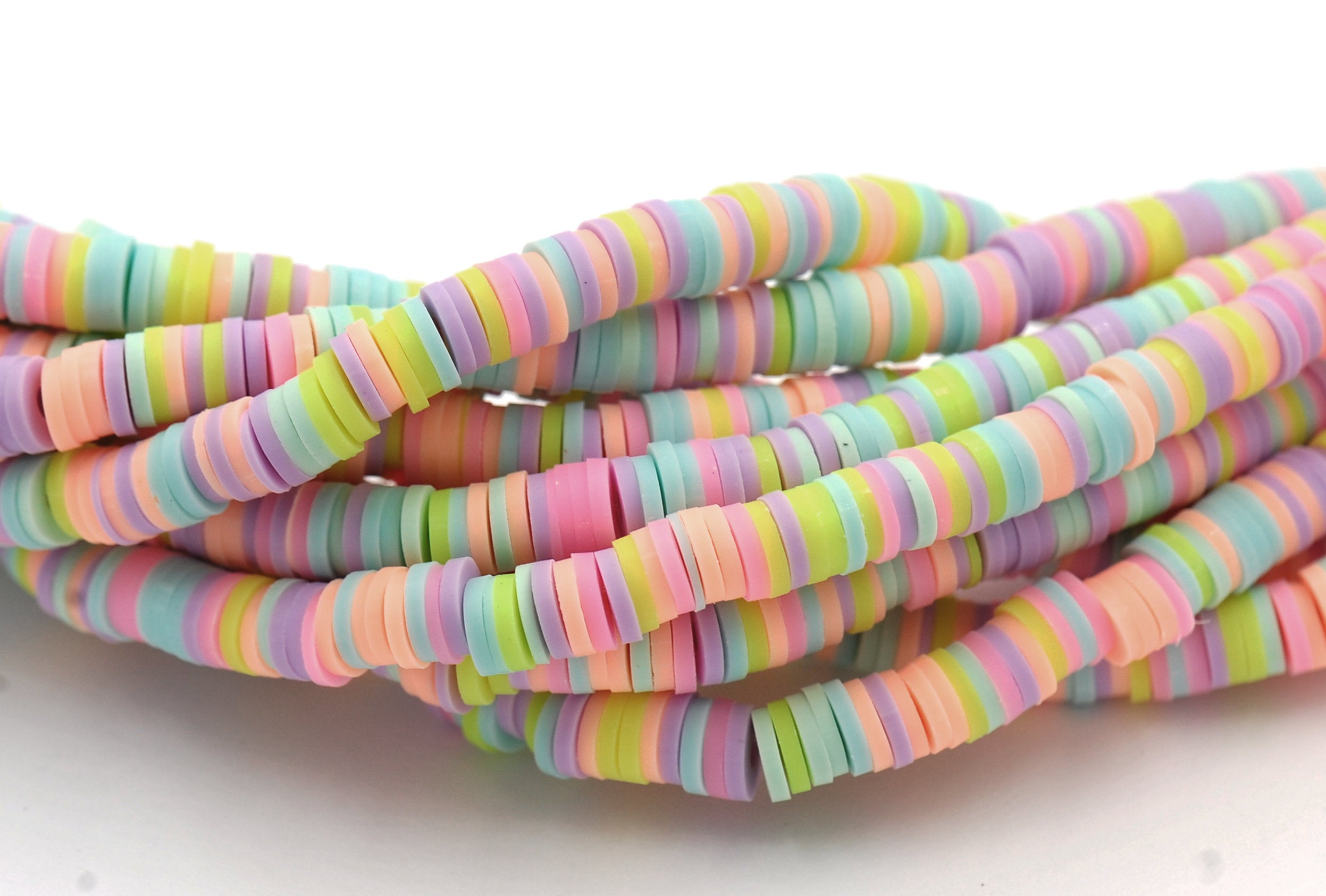 Flat Round Handmade Polymer Clay Bead Spacers, Pastel Assorted Color, FULL STRAND