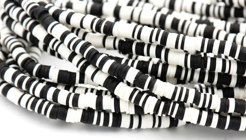 Flat Round Handmade Polymer Clay Bead Spacers, Black and White Mixed Color, 6x1mm