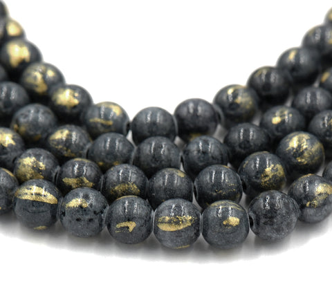 Dark Gray Gold Dust Jade 4mm, 6mm, 8mm, 10mm, 12mm Round Beads -15 inch strand
