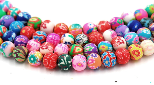 Round Handmade Polymer Clay Print Beads, Bright Assorted Color, 8mm 10mm FULL STRAND Hover Image