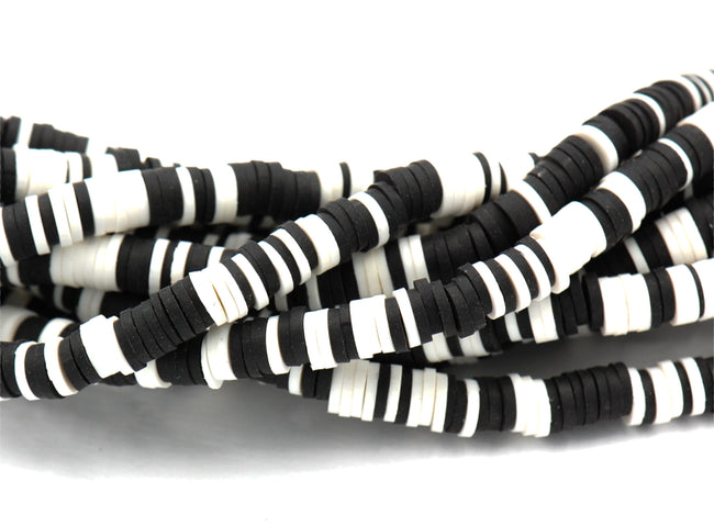 Flat Round Handmade Polymer Clay Bead Spacers, Black and White Mixed Color, 6x1mm Hover Image