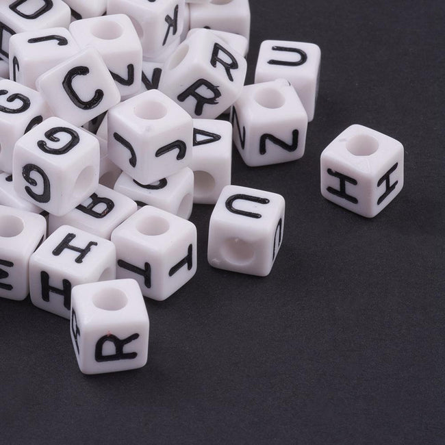 Acrylic Letter Beads, Random Mix Letters A to Z, Cube, White 8mm, 200pc Main Image