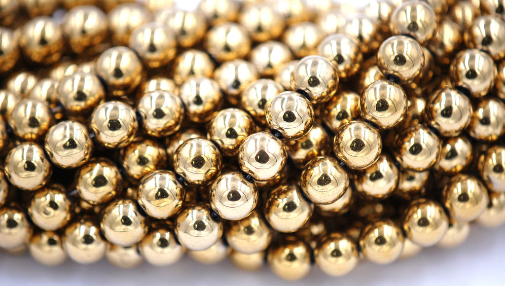 Gold Hematite 4mm, 6mm, 8mm, 10mm, 12mm Round Beads -Full Strand