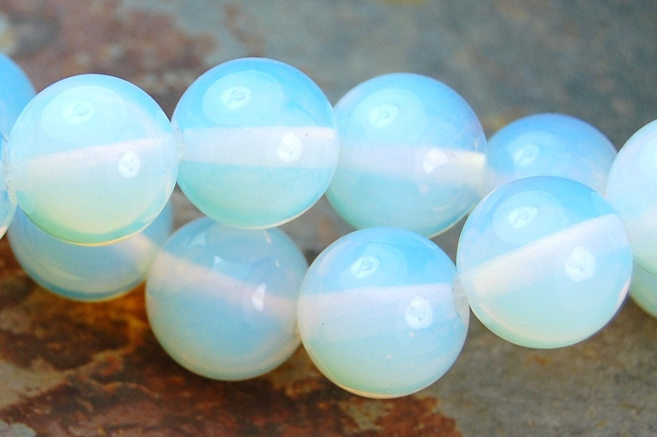 6mm Sea &quot;Opal&quot; Glass Creamy White Blue Opalescent  -12 inch strand