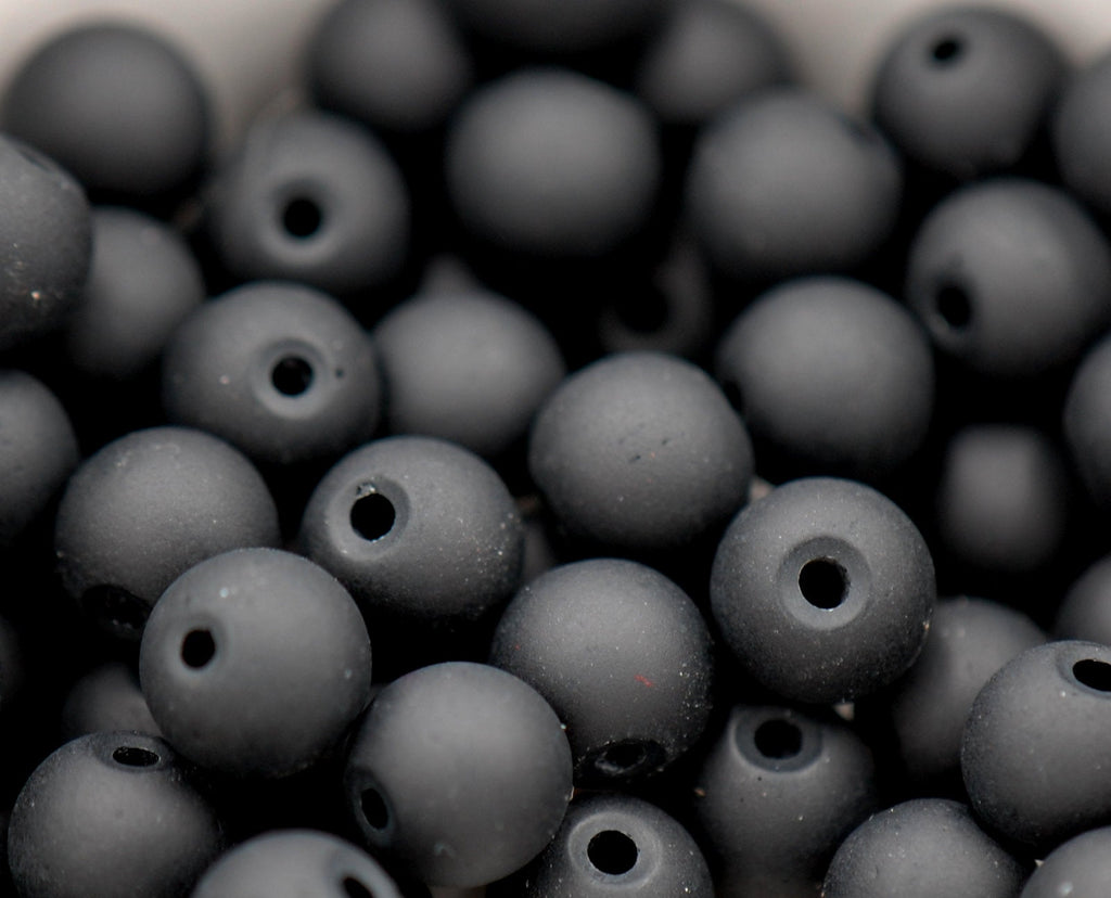 Black Frosted 8mm Frosted Matte Glass Round Druk Beads - 100pc