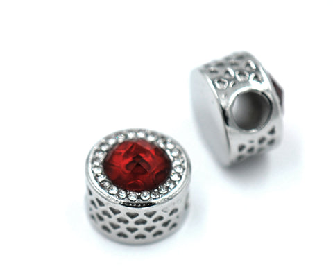 304 Stainless Steel European Beads, Large Hole Beads, with Rhinestone Ruby Red -1pc
