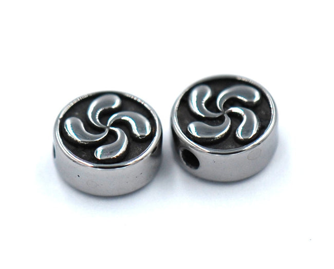 304 Stainless Steel Beads, Flat Round, 10mm Antique Silver, 2pcs Main Image