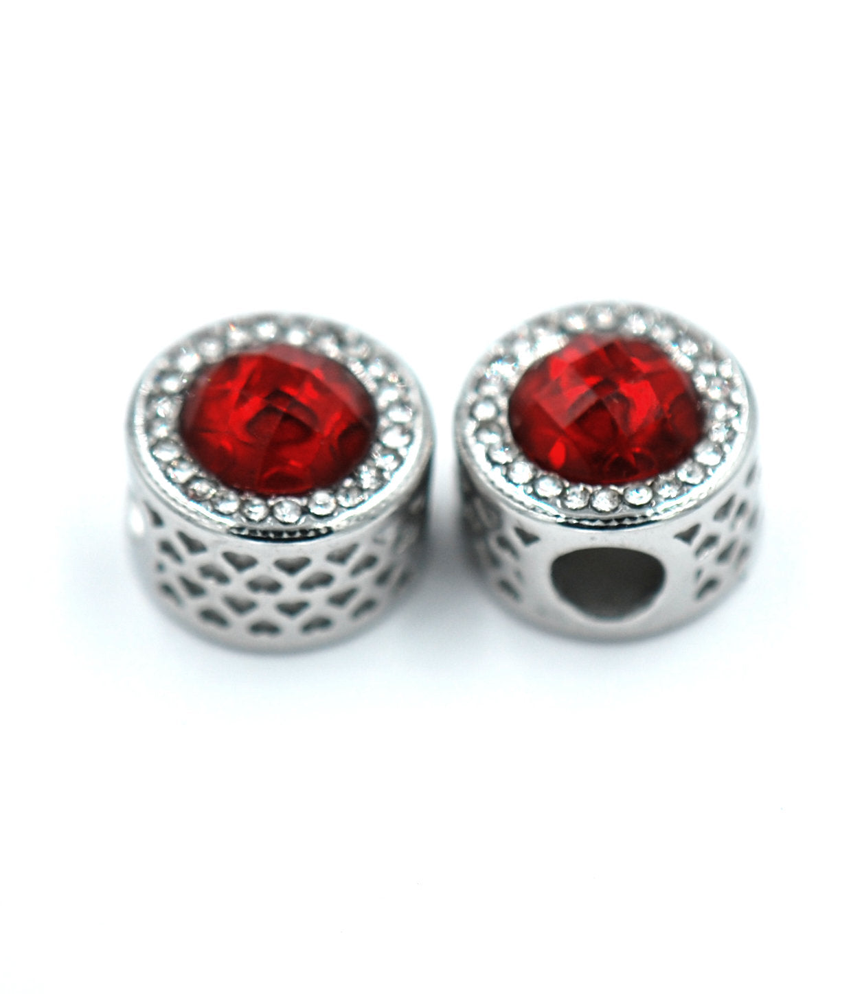 304 Stainless Steel European Beads, Large Hole Beads, with Rhinestone Ruby Red -1pc