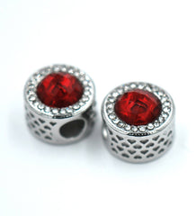 304 Stainless Steel European Beads, Large Hole Beads, with Rhinestone Ruby Red -1pc