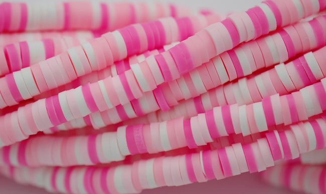 4mm Flat Round Handmade Polymer Clay Bead Spacers, Pink Assorted Color, FULL STRAND Hover Image