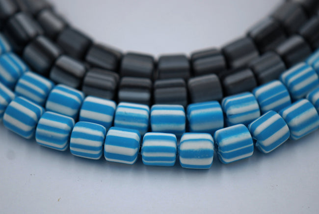 Column Handmade Polymer Clay Bead Spacers,  Blue, Black  Color, FULL STRAND Main Image